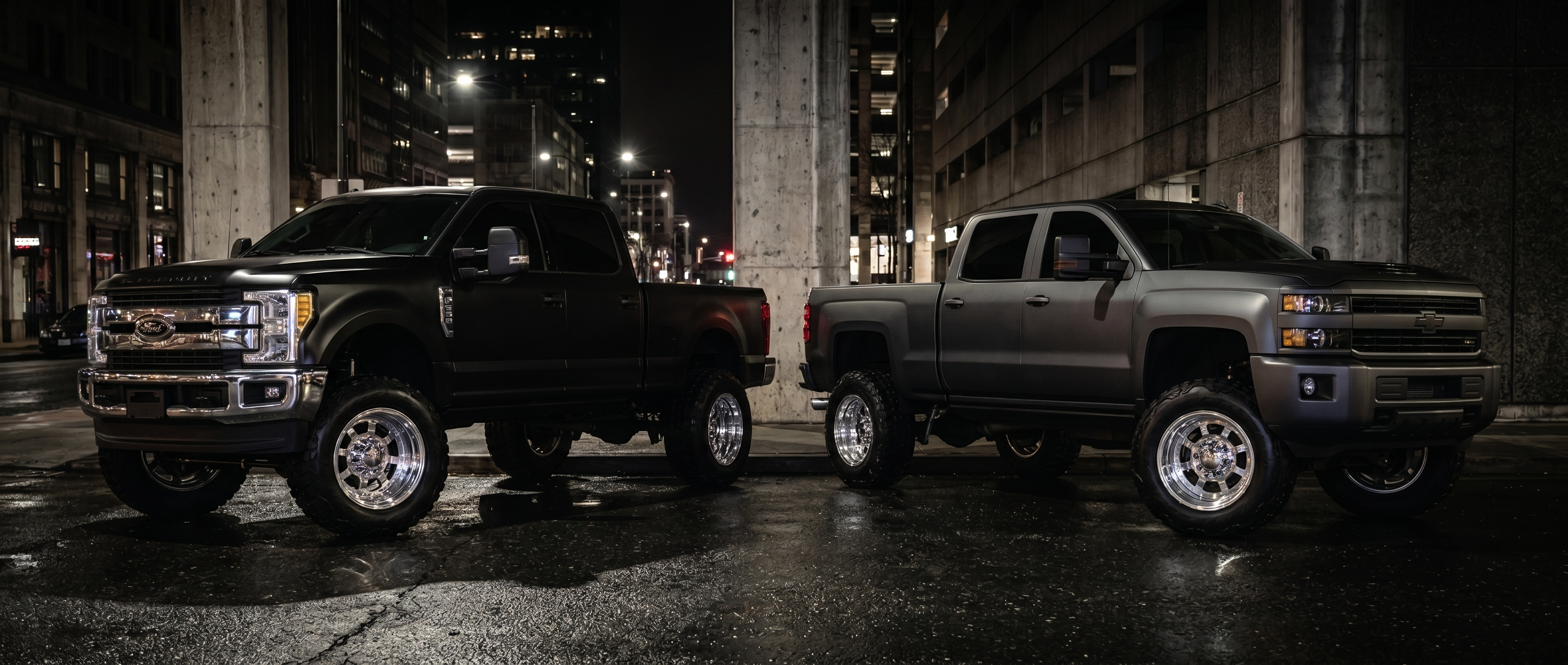 Three modified diesel trucks lined up in a dark industrial warehouse