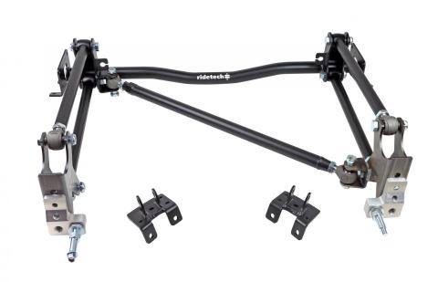 Bolt-On 4-Link W/ Double Adjustable Bars For 1955-1957 Bel Air W/ 2 Piece Frame R-Joints Bars Diagonal Link Bolt-On Cross Member And Weld-On Axle Brackets Coated Black For Use W/ Shockwaves Or Coil-Overs Sold Separately Ridetech