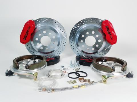 Brake System 12 Inch Rear SS4 with Park Brake Shelby Logo Red 65-66 Mustang Original Standard Bearing Rear BAER Brakes