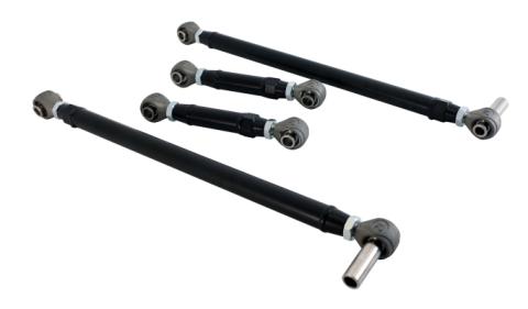 Replacement 4-Link Bar Kit W/ R-Joints Double Adj For 1968-1972 Nova Old Design Bars Canted Outward Double Adjustable Upper And Lower Bars And R-Joint Spacers Powder Coated Satin Black Ridetech
