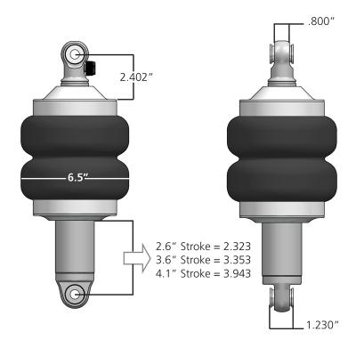 Front HQ Shockwaves 1000 Series W/ 3.6 Inch Stroke, 1.7 Inch Eye Pair Of Rebound Adjustable Shock waves 6.5 Inch Double Convoluted W/ 1/4 Inch Fittings, Bearing Spacers 1/2 Inch And 5/8 Inch 10 Inch X 13 Inch W/ A 11.5 -11.75 Inch Ride Height Ridetech