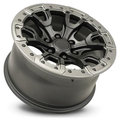 17X9 6X5.5 +18 HB 93.1 Bronco Replica Satin Black/ Gray Ring With Cap Factory Reproductions