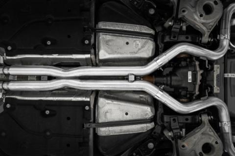 24-Up Ford Mustang GT 5.0L, Armor BLK Black-Coated Aluminized Steel 3 Inch Cat-Back Dual Split Rear with Quad Black Tips, Race Profile MBRP